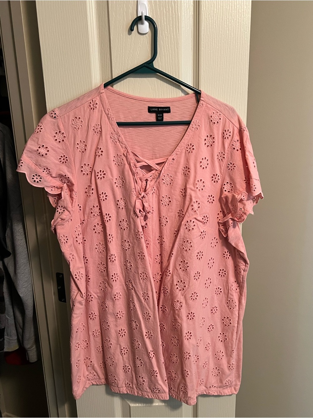 Lane Bryant Dusty Pink Eyelet Lace-Up V-Neck Short Sleeve Top